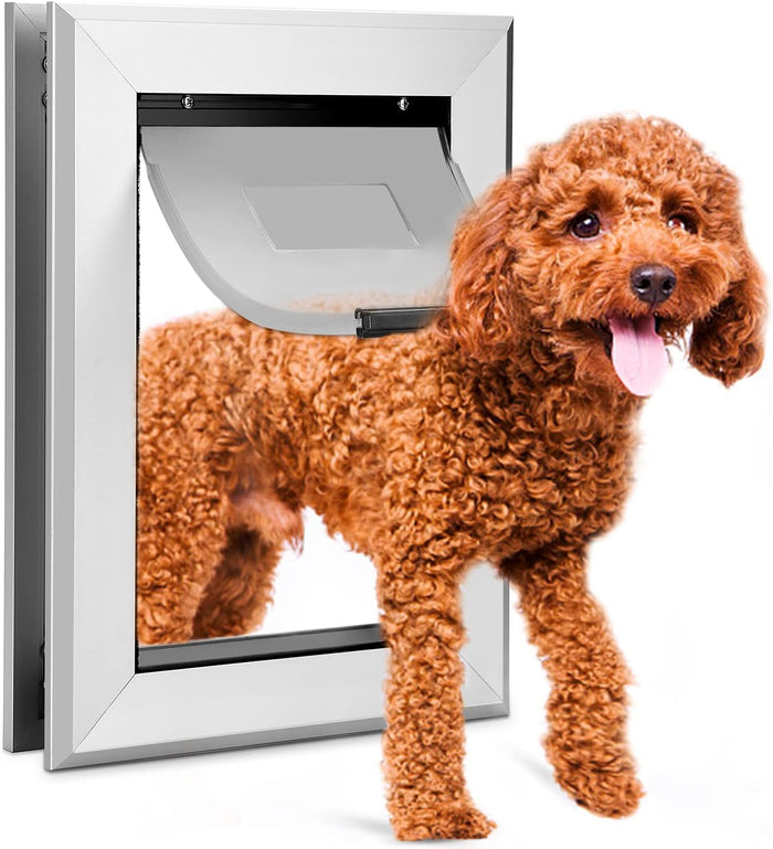 Ownpets Aluminum Pet Door Dog Door with Magnetic Flap and Lockable Sliding Panel for Small Dogs and Cats Silver Size S