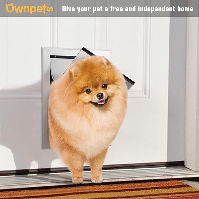 Ownpets Aluminum Pet Door Dog Door with Magnetic Flap and Lockable Sliding Panel for Small Dogs and Cats Silver Size S