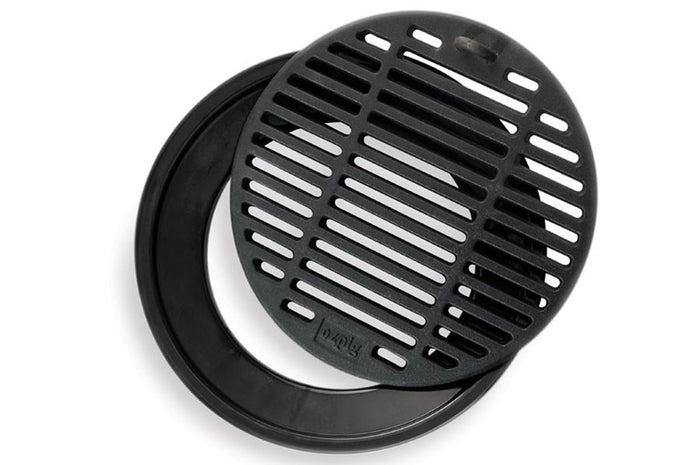 Ozpig Chargrill and Drip Tray - FireFly Barbecue set featuring durable cast iron grate and black drip tray for outdoor grilling and fat control.
