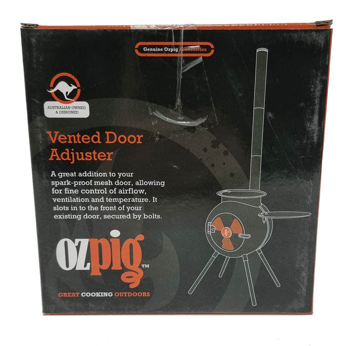 Retail packaging of Ozpig Vented Door Adjuster - FireFly Barbecue, designed for airflow and temperature control on Ozpig outdoor stoves.