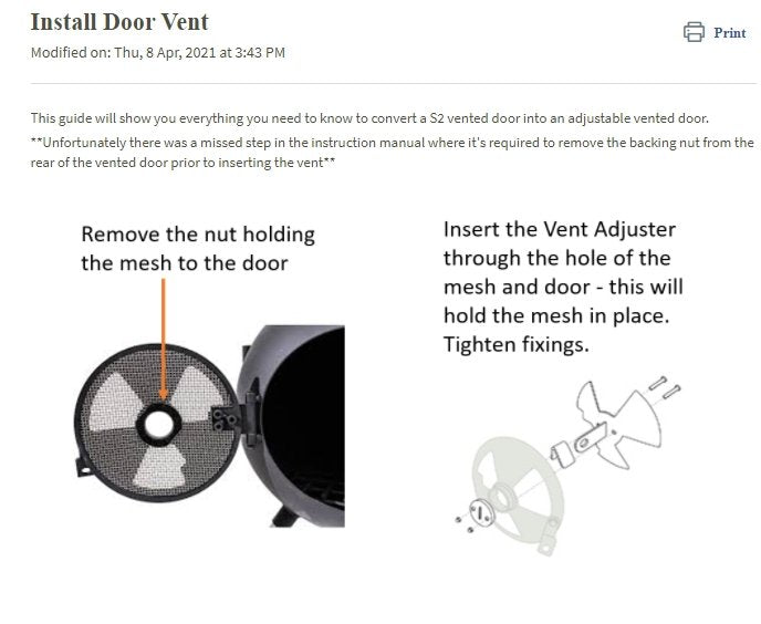 Installation guide for Ozpig Vented Door Adjuster showing step-by-step instructions to mount the vent on spark-proof mesh doors.