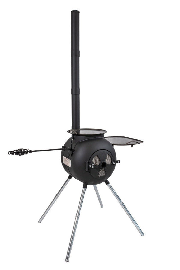 Side view of Ozpig Series 2 Portable Wood Fired BBQ Stove showing extended chimney and cooking plate, perfect for outdoor grilling and warmth.