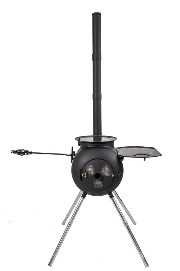 Ozpig S2 Explorer outdoor grill with chimney, cooking surface, and tripod stand