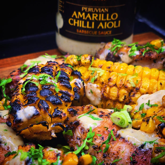 Grilled chicken and corn with Peruvian Amarillo Chilli Aioli