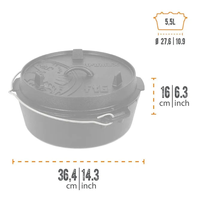 Dimensions of Petromax 5.5L cast iron Dutch oven for outdoor kitchen use