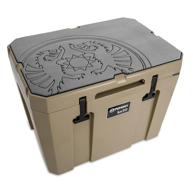Petromax Adhesive Pad for 50L Cool Box - Dragon in black on tan cooler, perfect for food and drink transport in outdoor settings.