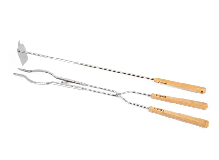 Stainless steel campfire tools with wooden handles for outdoor grilling