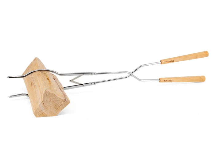 Wooden-handled campfire tongs gripping a log for outdoor cooking