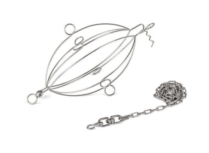 Metal basket with a chain on a white background