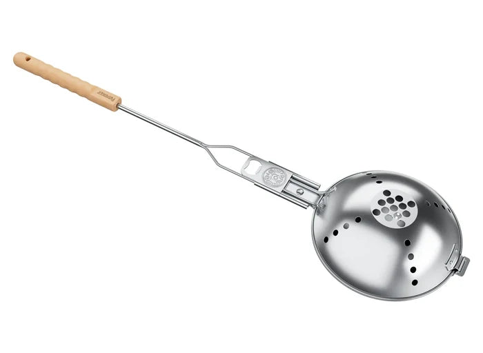 Stainless steel popcorn maker with wooden handle for outdoor use