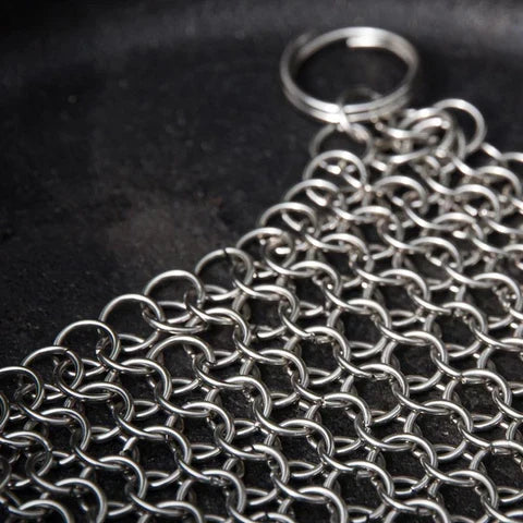 Close-up of stainless steel chain mail cleaner links