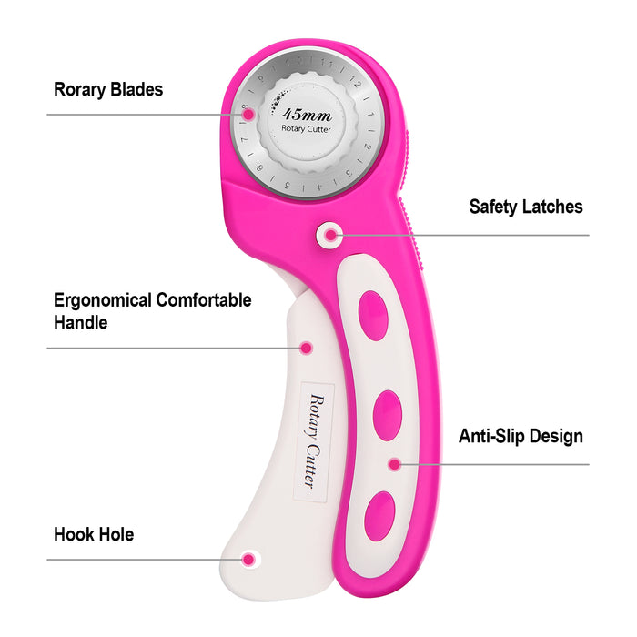 Pink 45mm Rotary Cutter +7 Replacement Blades Safety Lock Precise Cutting Sewing