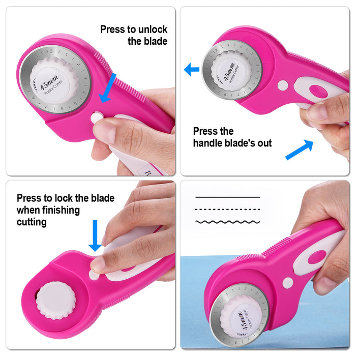 Pink 45mm Rotary Cutter +7 Replacement Blades Safety Lock Precise Cutting Sewing