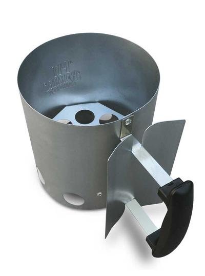 Pit Barrel Chimney Starter - FireFly Barbecue accessory with ergonomic handle and vented design for optimal charcoal ignition.