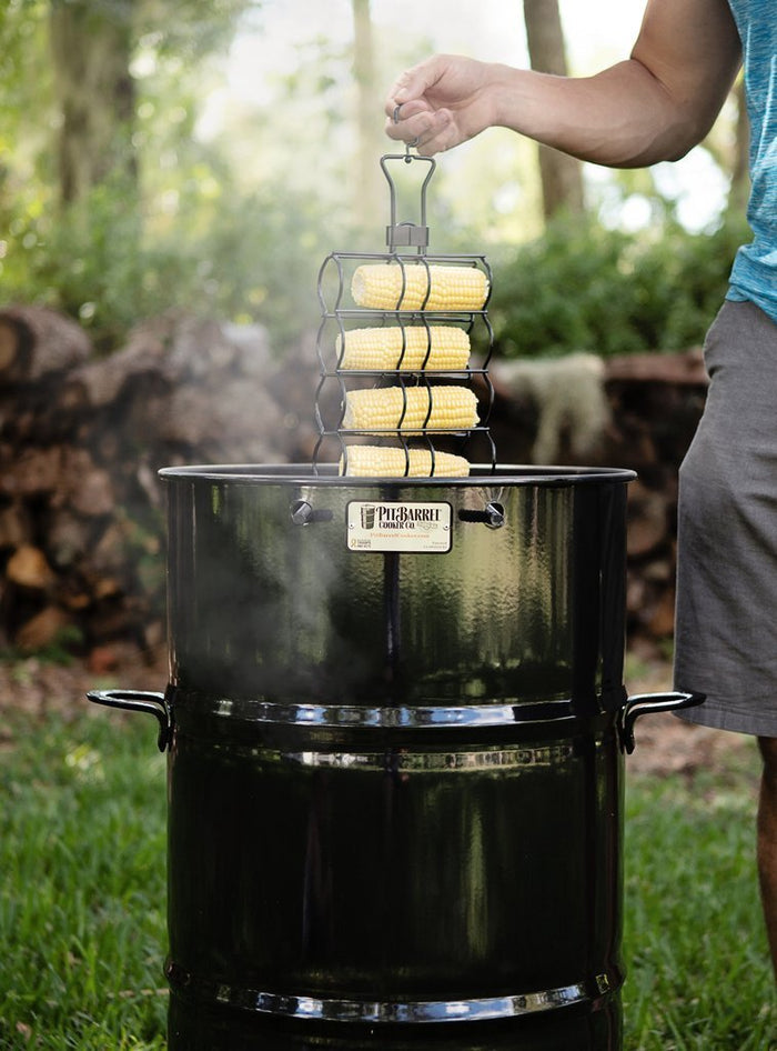Grilling corn with Pit Barrel Corn Hanger outdoors