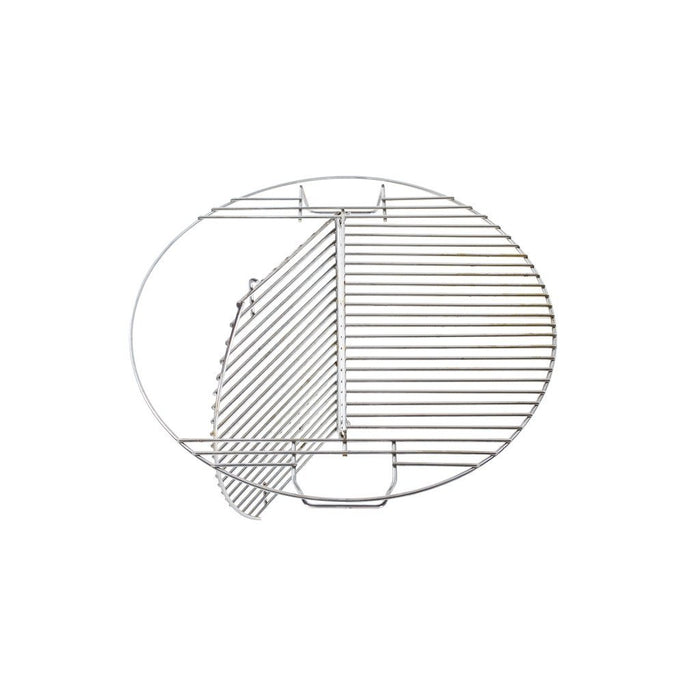 Pit Barrel Hinged Grate from FireFly Barbecue, stainless steel design with foldable section for dual grilling and hanging in outdoor cookers.