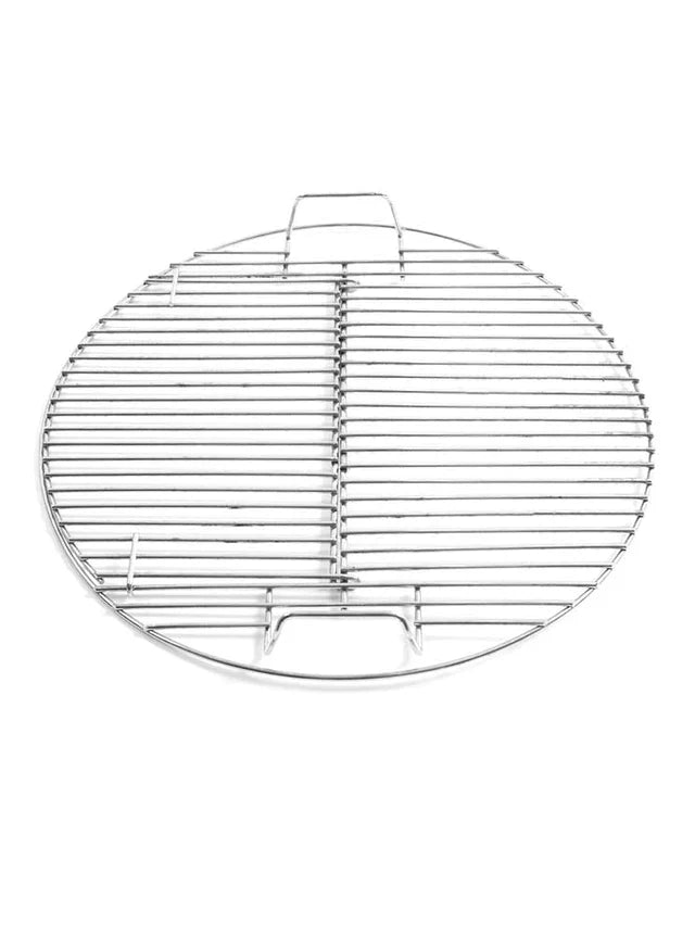 Close-up of Pit Barrel Hinged Grate with durable stainless steel rods and hinged access, ideal for grilling and smoking in one setup.