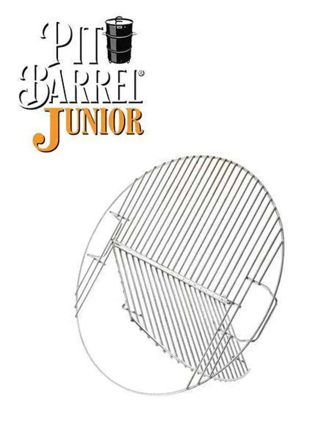 Illustration of Pit Barrel Junior Hinged Grate showing angled fold-out section for simultaneous grilling and hanging in compact smokers.