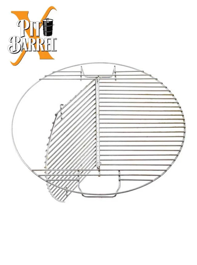 Pit Barrel Hinged Grate X model with logo, highlighting its unique design for flexible grilling and smoking in outdoor cookers.