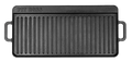 A black cast iron grill pan with a rectangular shape, vertical ridges, and side handles, featuring the 'PIT BOSS' brand name embossed in the top left corner, shown against a plain white background.