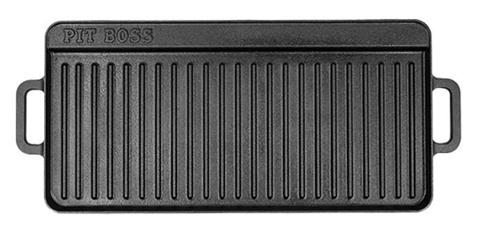 A black cast iron grill pan with a rectangular shape, vertical ridges, and side handles, featuring the 'PIT BOSS' brand name embossed in the top left corner, shown against a plain white background.