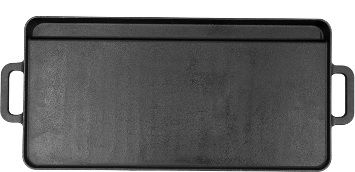 A black cast iron griddle or flat pan with two side handles, shown from a top-down perspective on a white background.
