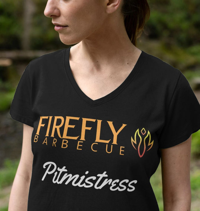 Women's V-Neck T-Shirt with Firefly Barbecue logo in gray worn by model
