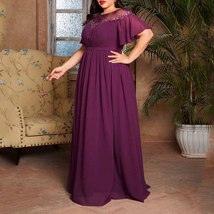 Plus Size Burgundy Bridesmaid Dress Short Sleeve A-Line Prom Gown