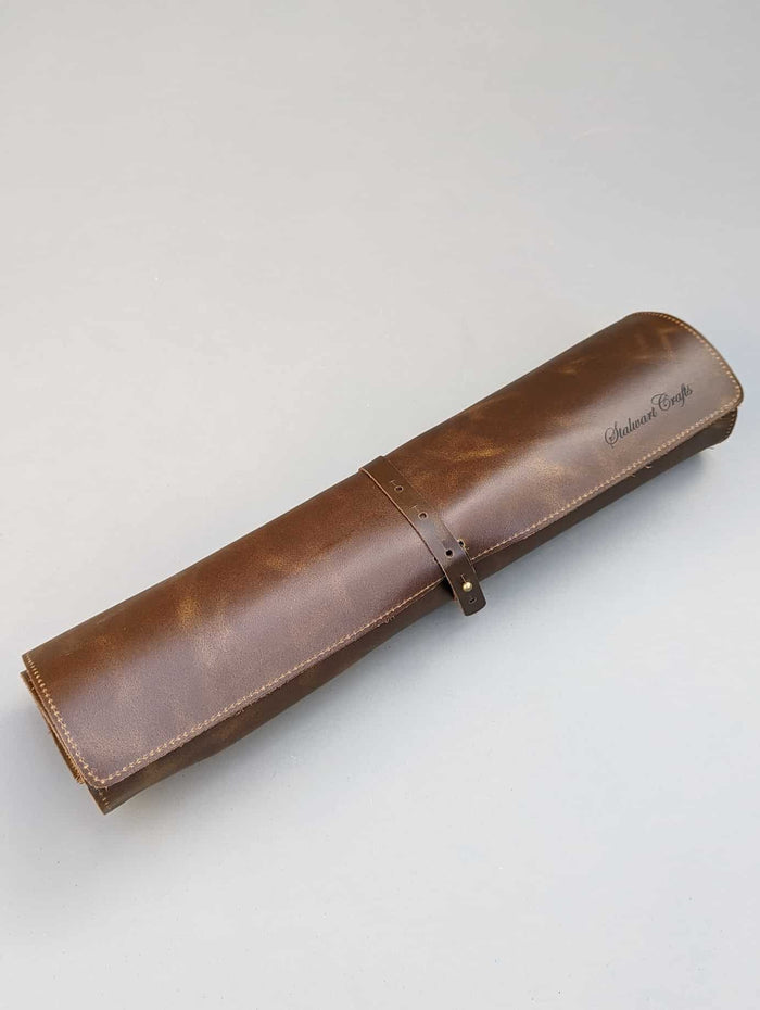 Closed leather knife roll with logo