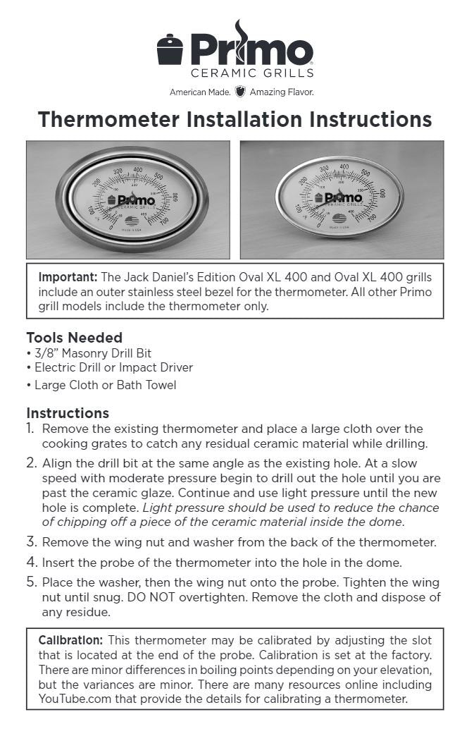 Primo Grill Thermometer installation instructions detailing tools, steps, and calibration for optimal grill temperature control.