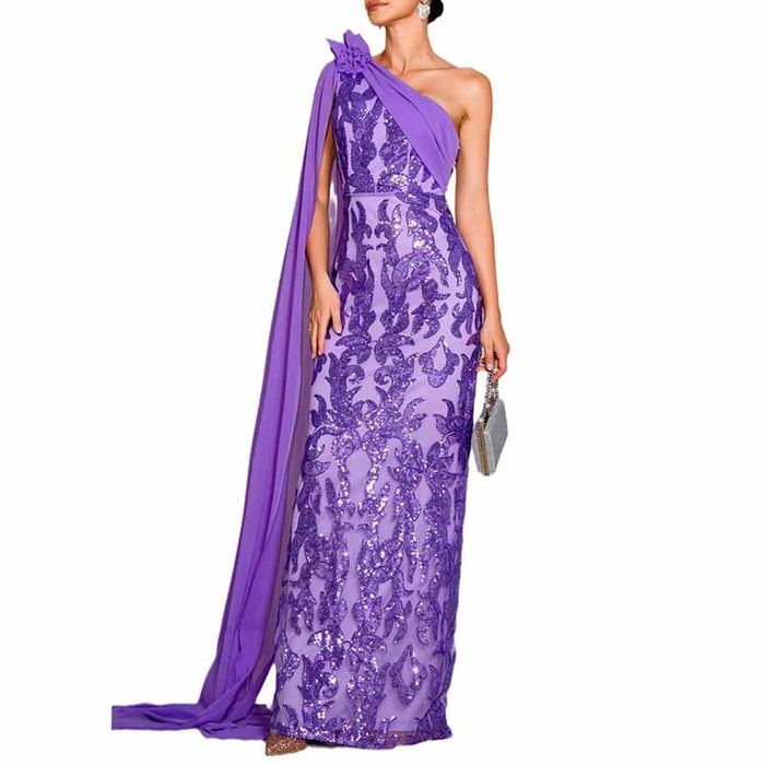 Purple Ribboned One Shoulder Sequin Prom Dress Long Evening Gown