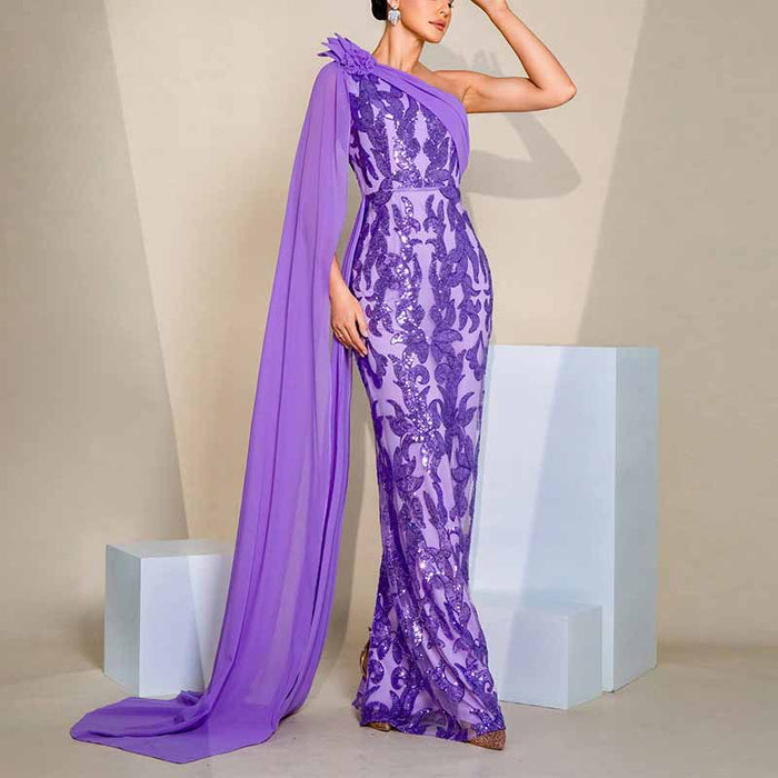 Purple Ribboned One Shoulder Sequin Prom Dress Long Evening Gown