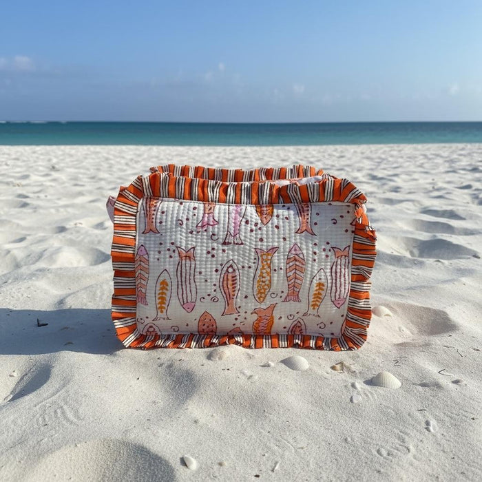 Quilted Ruffle-Trim Cosmetic Bag