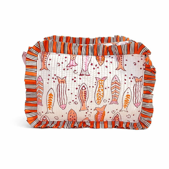 Quilted Ruffle-Trim Cosmetic Bag