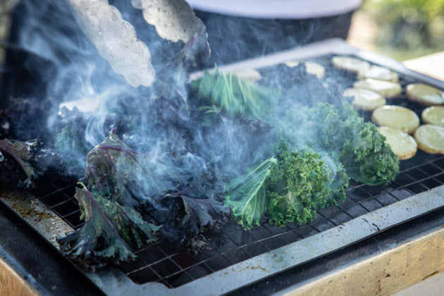 Vegetables grilling on Kasai Konro Grill Mesh Spare, highlighting its use for healthy outdoor cooking and optimal heat distribution.