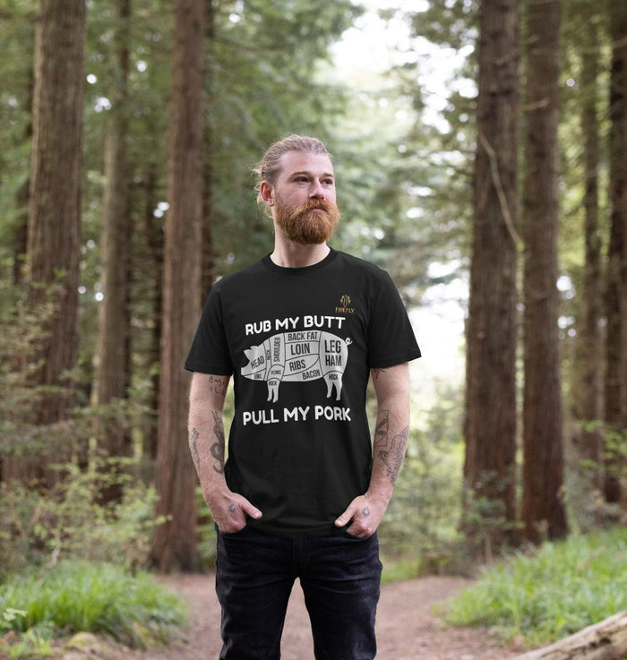 Mens T-shirt with 'Firefly Barbecue' logo on back for apparel and clothing