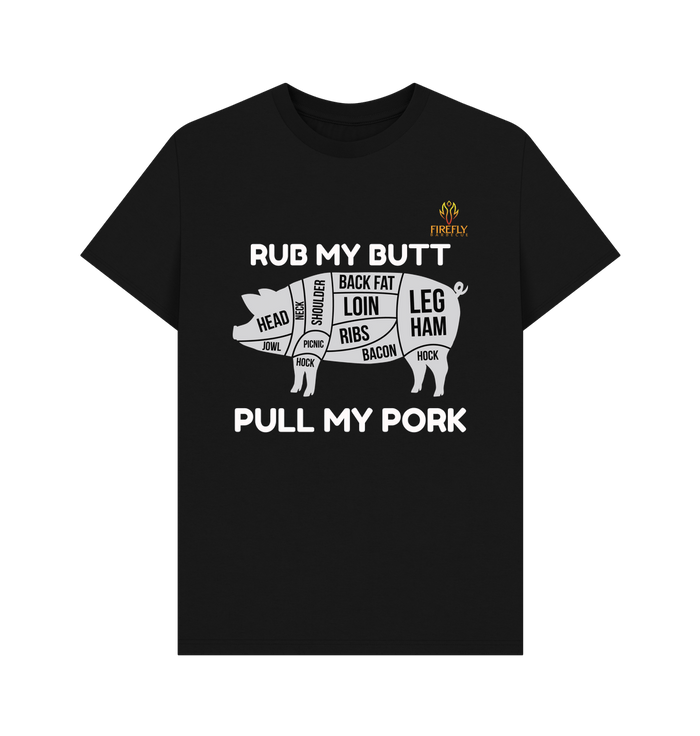 Mens T-shirt with pig diagram and text 'Rub my Butt' for apparel and clothing