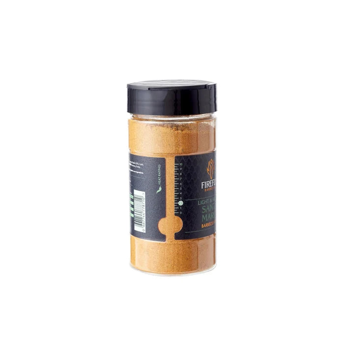 Side view of Santa Maria Seasoning Rub - Spice Blend for Meats | 200g showing product label and transparent container.