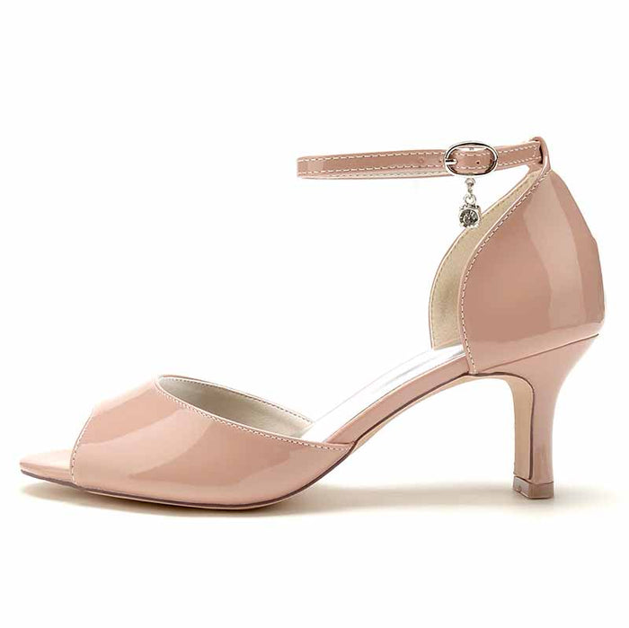 S&DCo. low heel bridal shoes for wedding in blush with ankle strap and open toe design