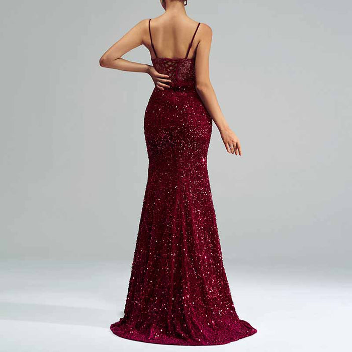 Sequin Spaghetti Strap Prom Dress High Split Wrap Formal Evening Gowns