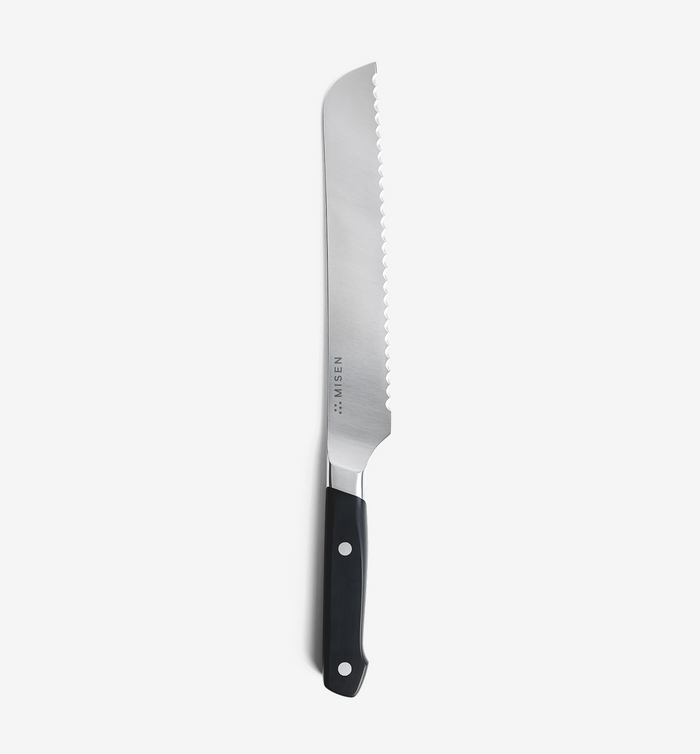 Misen serrated bread knife with black handle and stainless steel blade