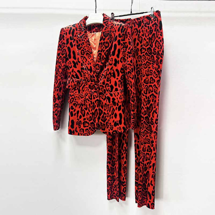 Slim fit animal print suit for women in bold red and black leopard design, perfect for stylish occasions