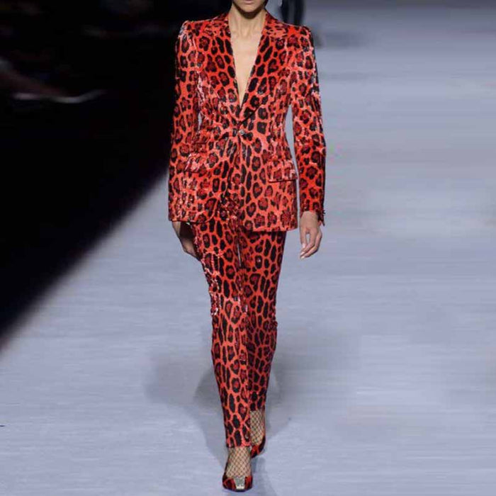 Slim fit animal print suit for women in red and black leopard pattern, perfect for stylish occasions