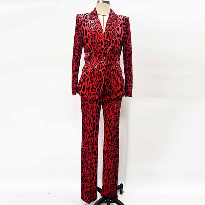 Stylish slim fit animal print suit for women in red and black with a tailored design