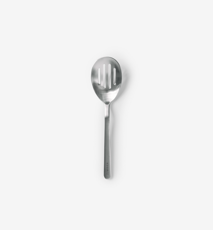 Stainless steel slotted serving spoon with brushed finish