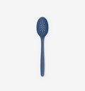 Blue silicone slotted spoon with perforated bowl and long handle