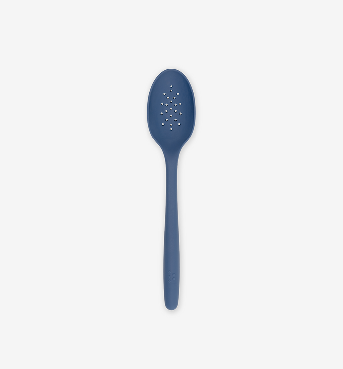Blue silicone slotted spoon with perforated bowl and long handle