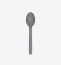 Gray silicone slotted spoon with perforated bowl and long handle