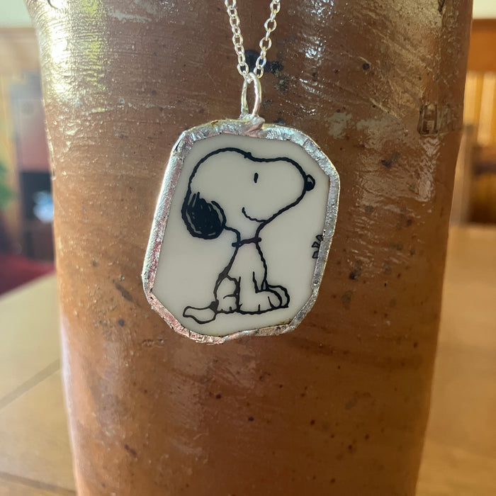 Snoopy Artisan Made Broken Plate Pendant Handcrafted Necklace 1 1/8in x 1 3/8in