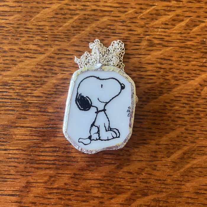 Snoopy Artisan Made Broken Plate Pendant Handcrafted Necklace 1 1/8in x 1 3/8in